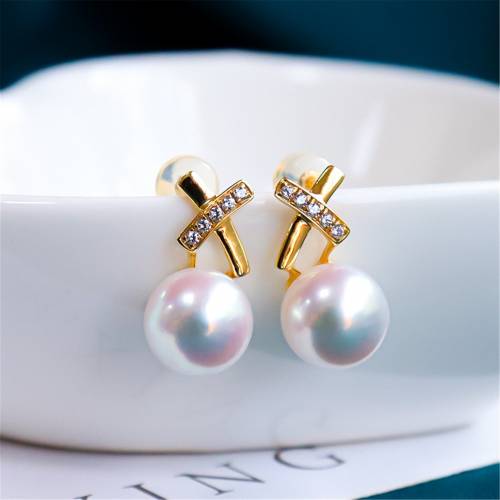 Akoya Pearl Earrings 18k Gold Japan Natural Ocean Perle with Zircon for Women Classic Simple Design Round Luxury Jewelry