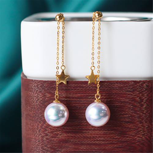 Akoya Pearl Earrings Real 18k Gold Long Hanging Ear Line for Women Luxury Fine Jewelry Natural Round Ocean Perla