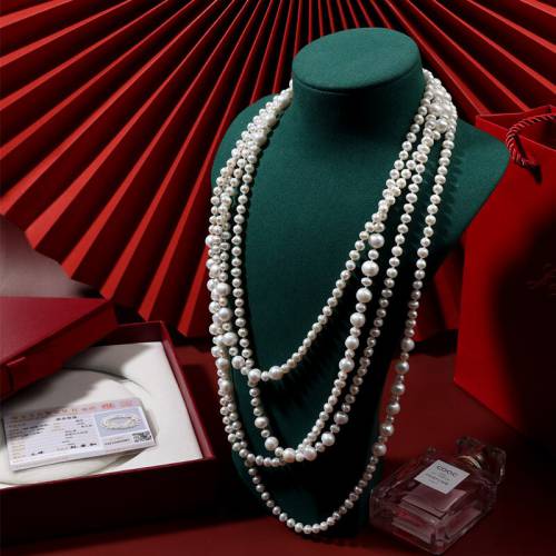 All-match classic luxury knotted lengthened natural freshwater pearl necklace sweater chain four layers 25m necklaces