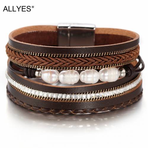 ALLYES Bohemian Crystal Natural Pearl Leather Bracelets for Women Ladies Multilayer Braided Wide Wrap Bracelet Boho Jewelry