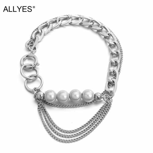 ALLYES Bohemian Natural Pearl Beads Stainless Steel Bracelets for Women Fashion Multilayer Tassels Chain Bracelet Female Jewelry