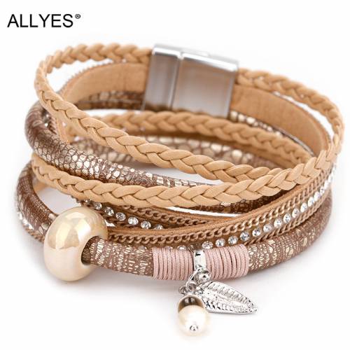 ALLYES Braided Leather Bracelet for Women Femme Natural Pearl Cystal Ceramic Charm Multilayer Bracelets & Bangles Female Jewelry