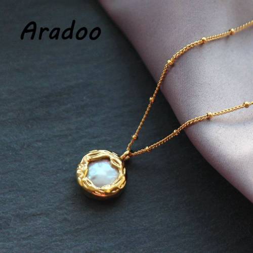 ARADOO Natural Baroque Freshwater Pearl Retro Simple Ladies Light Luxury 18K Gold Plated Titanium Steel Necklace