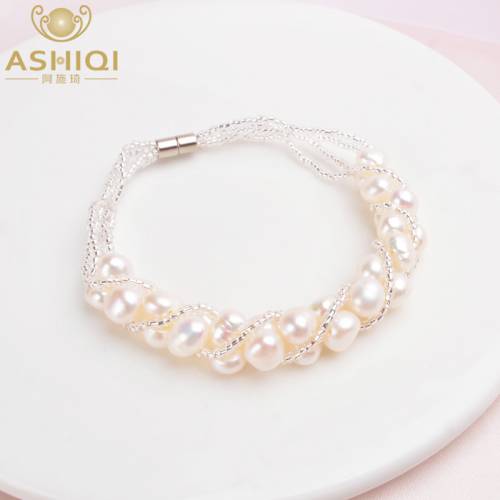 ASHIQI Natural Freshwater pearl Bracelet for women Fine handmade Fashion Transparent glass beads Jewelry wedding gifts