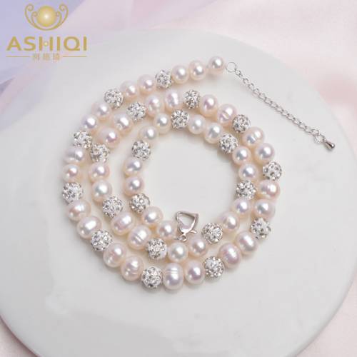 ASHIQI Real Natural Freshwater Pearl Necklace with White Clay Zircon Ball Jewelry for Women Gifts
