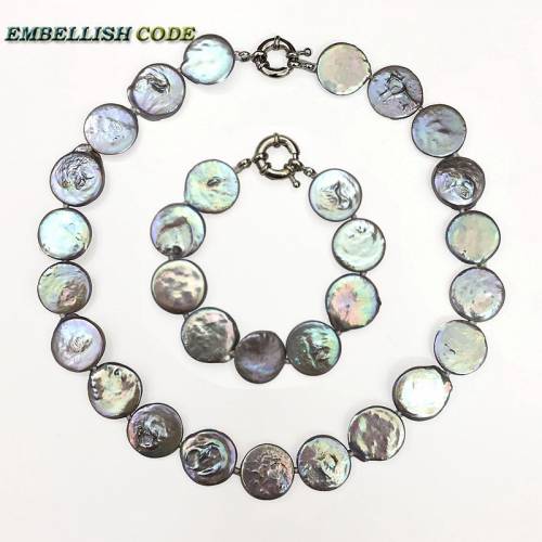 Baroque pearl choker statement necklace bracelet gray colorful color round coin flat shape natural freshwater big size pearls