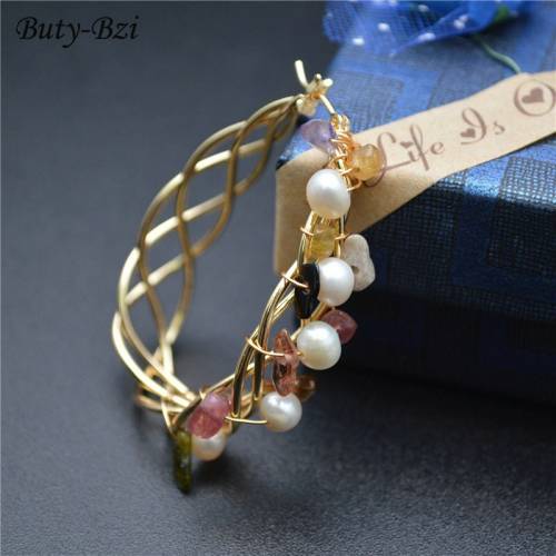 Beautiful Natural White Round Pearl and Tourmaline Stone Beads Wreath Shape Metal Earrings Fashion Date Party Jewelry Gift