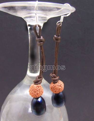 Big 10-11mm Black Rice Natural Freshwater Pearl with red Lava rock dangle earring & Genuine Leather-ear430 Free shipping