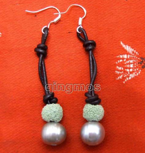 Big 10-11mm Gray potato Natural Freshwater Pearl with Green Lava rock dangle earring & Genuine Leather-ear431 Free shipping