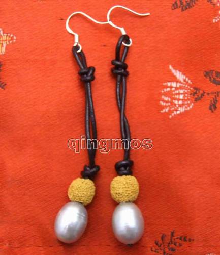 Big 10-11mm Gray Rice Natural Freshwater Pearl with Yellow Lava rock dangle earring & Genuine Leather-ear428 Free shipping