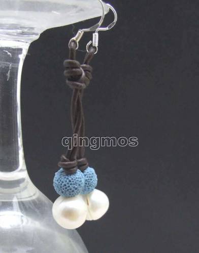 Big 10-11mm White Potato Natural Freshwater Pearl with blue Lava rock dangle earring & Genuine Leather-ear427 Free shipping