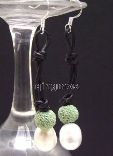 Big 10-11mm White Rice Natural Freshwater Pearl with Green Lava rock dangle earring & Genuine Leather-ear432 Free shipping