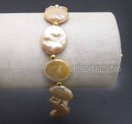 Big 14-15mm Pink Coin Round Natural Freshwater Pearl 75‘‘ Bracelet-bra379 Wholesale/retail Free shipping