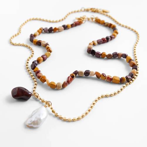 Bohemia Pack of Natural Baroque Pearl And Stone Necklaces Colored Irregular Polished Rock Stone Layerd Necklaces Daily Jewelry