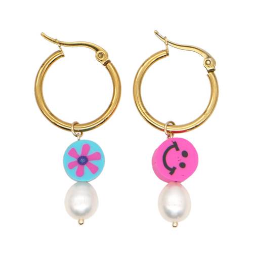 Bohemian Ethnic Style Smiley Face Pendant Earring Baroque Natural Freshwater Pearl Hoop Earrings Women Soft Pottery Jewelry