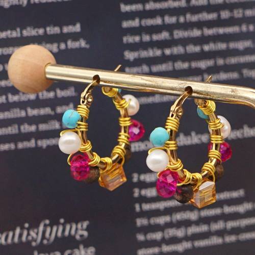 Bohemian Retro Luxury Crystal Hoop Earring Natural Freshwater Pearl Gemstone Circle Earrings Women Ethnic Style Jewelry