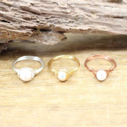 Brass Wire Wrapped Natural Pearl Ring Fresh Water Pearl Round Bead Circle Finger Ring Women Party Wedding Fashion Jewelry - QC4151