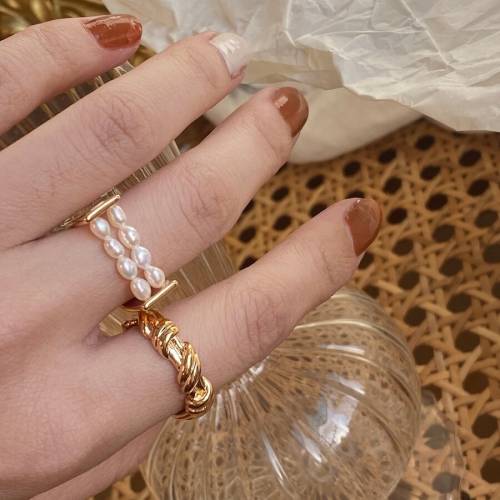 Brass With 18K Gold Real Natural Pearl Rings Women Jewlery Designer T Show Club Cocktail Party Rare Japan Korean INS