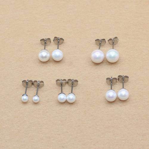 Brief Style Stainless Steel With Nature White Pearls Pearl Stud Earrings 4 5 6 7 8mmNo Fade Allergy Free