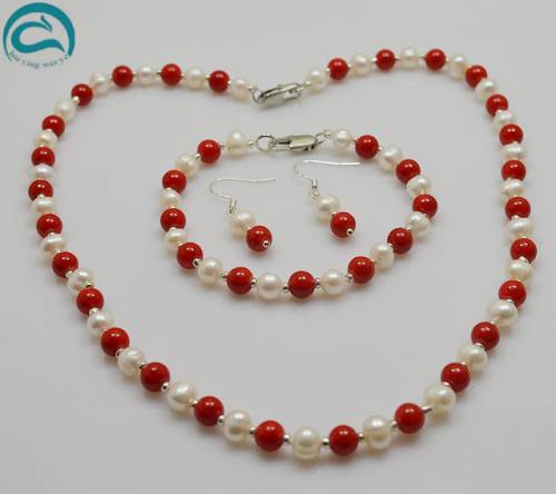 Charming Women Jewellery Red Corals White Natural Freshwater Pearl Necklace Bracelet Earrings Jewellery Set New Free Shipping