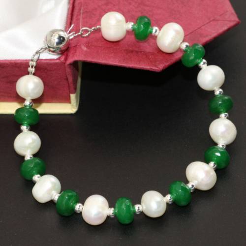 Charms Beads Strand Bracelet Bangle For Women Natural White Pearl 7-8mm Green Stone 5*8mm Clasp Bracelets Jewelry 75inch B2742