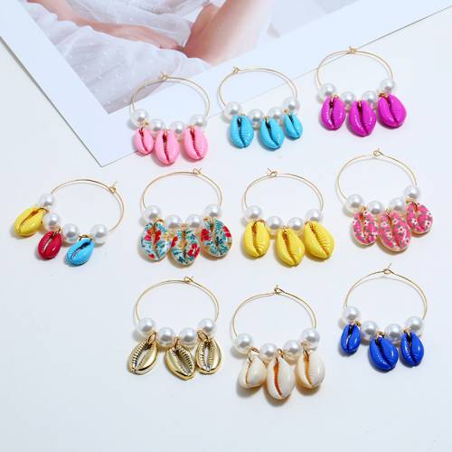 Circle Wire Gold Color Hoop Earrings For Women White Round Pearl Beads Colorful Natural Shell Summer Beach Geometric Earings
