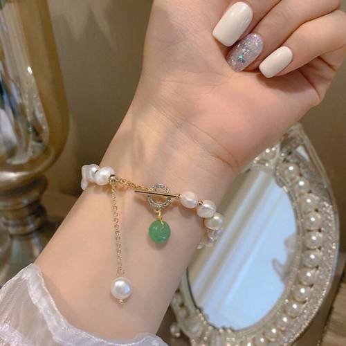 Classic Fashion Natural Stone Zircon Baroque Pearl Pendant Bracelet for Woman Exquisite Lucky Cuff Bracelet Anniversary Jewelry