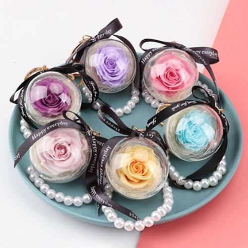 Creative Natural Preserve Flower Keychain Rose Acrylic Round Ball Pedant Hanging Pearl Keychain Valentine‘s Day Wedding Gift