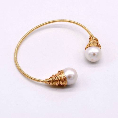 Design pearl bracelet Natural white freshwater pearl Designer works Golden tinsel Handmade Women‘s Open Bracelet