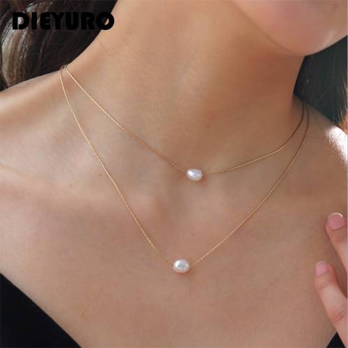 DIEYURO 316L Stainless Steel Exquisite Women Clavicle Chain Elegant Natural Pearl Stone Wedding Gift Double-layer Jewelry Newly