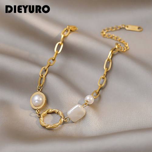 DIEYURO 316L Stainless Steel Stylish Customized Natural Freshwater Pearl Stone Women Bracelet Geometric Splicing Chain Jewelry