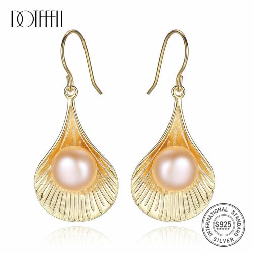 DOTEFFIL 925 Sterling Silve Plating Rose Gold Shell Design Natural Freshwater 9mm Pearl Earrings For Women Wedding Jewelry