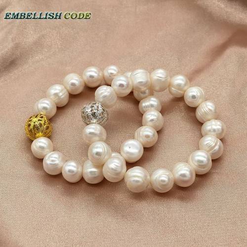 Elastic white and golden round ball beads bracelets Simple classic big size natural freshwater Cultured pearl nearround for girl