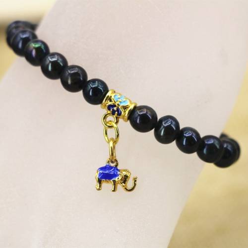 Elegant natural black nearround 7-8mm pearl beads bracelets strand elastic gold-color cloisonne pendant jewelry 75inch B3121