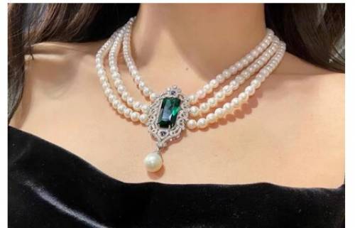 Eternal wedding Women Gift natural white pearl 3ROW 7-8MM Green sapphire freshwater pearl pearl necklace sweater chain clip
