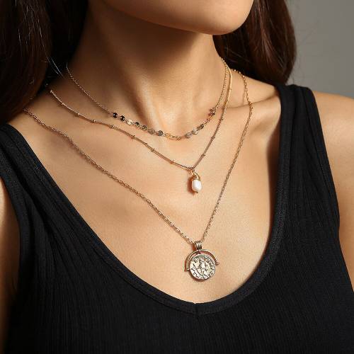 Factory Elegant Sweet Multi-Layer Necklace Costume Natural Freshwater Pearl Choker Chain Ancient Rome round Pendant