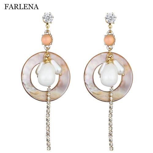 FARLENA Jewelry New Fashion Round Natural shell Drop Earrings for Women Elegant Simulated Pearl long Rhinestone Earrings
