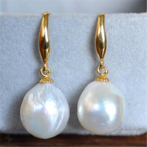 Fashion 9-10 mm White Baroque Pearl Earrings 18k hook Aurora Real Natural Jewelry Cultured Wedding Mesmerizing Fashion AAA Women