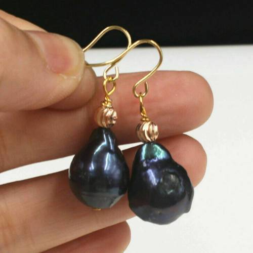 Fashion natural 11-13mm Black Baroque Pearl 18k Gold Earrings Ear stud Lucky Beautiful Wedding Jewelry Christmas Fashion Party