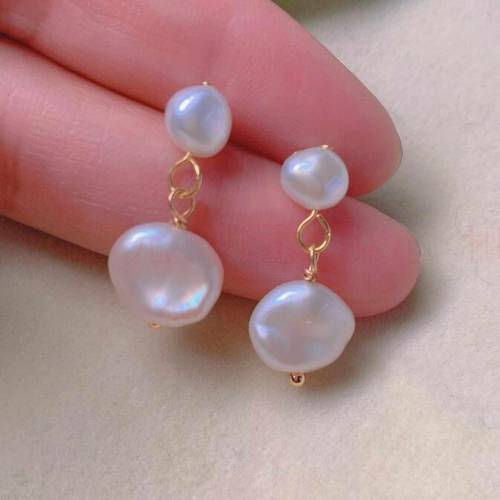 Fashion natural white Baroque round Pearl gold 18k Ear Stud gift New Year Lucky Fashion Beautiful Diy Freshwater Gift Hook Women