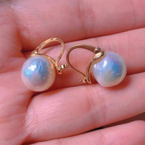 Fashion natural white Baroque round Pearl gold 18k Earrings gift VALENTINE'S DAY Lucky Jewelry Beautiful Freshwater Women