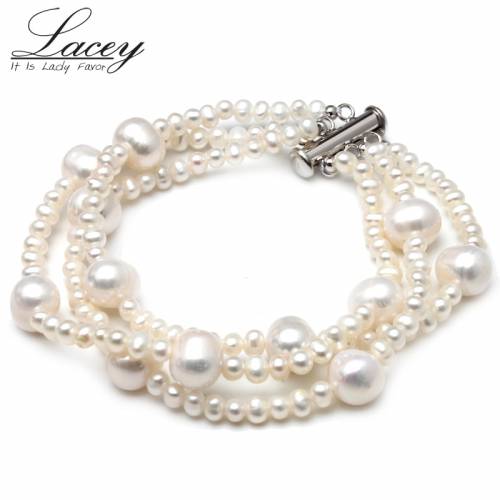 Fashion real natural freshwater pearl bracelet bangles - Three strands pearl bracelet jewelry for girlfriend custom made gift