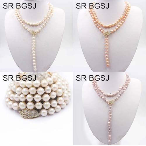 Free Shipping 8-9mm 35inch Natural Freshwater Pearl Beads Knot Strand Leaf Clasp Women Long Necklace 35inch
