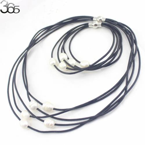 Free Shipping Gift Packed! Multi-strand 100% Genuine Leather Cord Natural Pearl Necklace Bracelet Jewelry Set 17 8