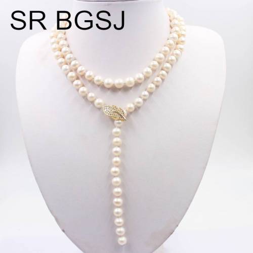 Free Shipping SR 8-9mm 35inch Natural Freshwater Pearl Beads Knot Strand Leaf Clasp Women Long Necklace 35inch