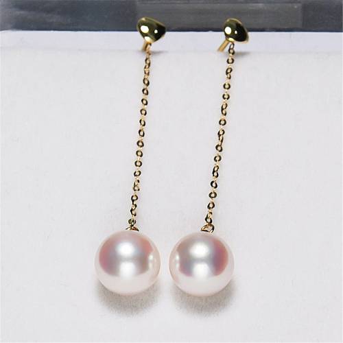 Genuine Round Japanese Akoya Ocean Natural Pearl Long Hanging Earrings for Women White Pink High Quality Fine Jewelry