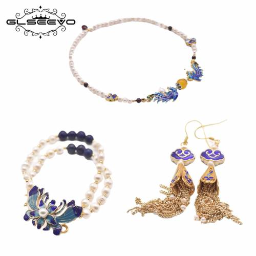 GLEVO Natural Freshwater Pearl Drop Earrings Necklace Bracelet For Women Anniversary Cloisonne Design Fine Jewelry Set GS0027