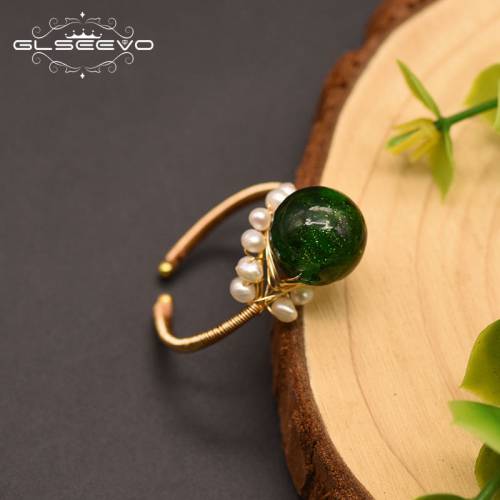 GLSEEVO Green Glass Natural Fresh Water Pearl Ring For Women Girl Lovers‘ Wedding Engagement Party Gift Luxury Jewellery GR0252