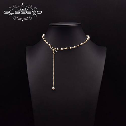 GLSEEVO Handmade Natural Freshwater Pearl Necklace For Women Wedding Party Bow Style Pearl Pendant Classic Chain Jewelry GN0267