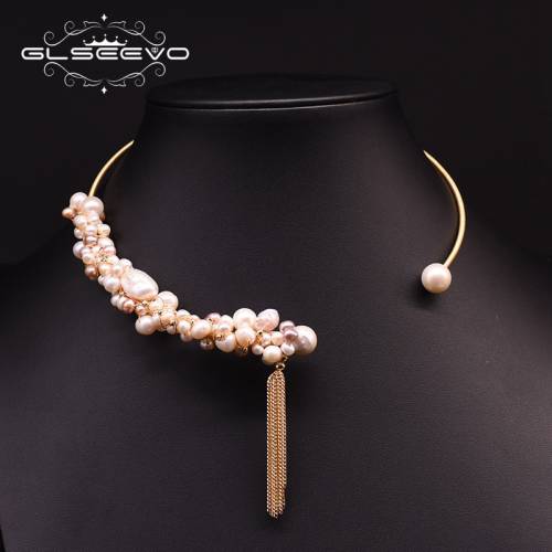 GLSEEVO Handmade Natural Freshwater Pearl Tassel Choker Necklace For Women Luxury Statement Necklace Bijoux Fine Jewelry GN0180